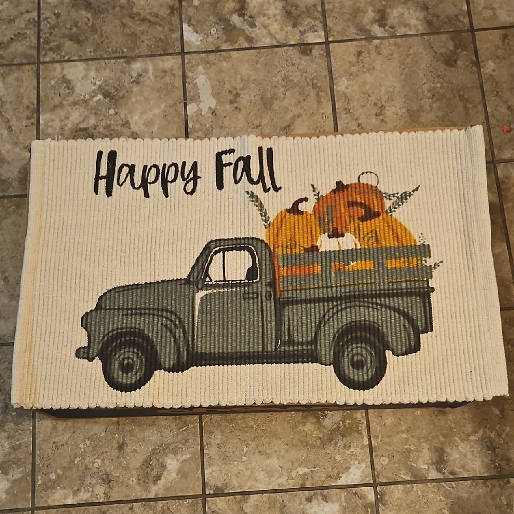 17x30 Throw Rug -Accent Rug -Scatter Rug -Woven-HAPPY FALL -Green Truck-Pumpkins
